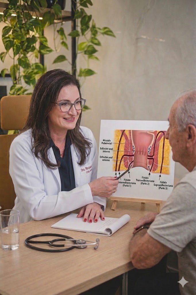 dra Renata atendendo paciente com fistula anal
