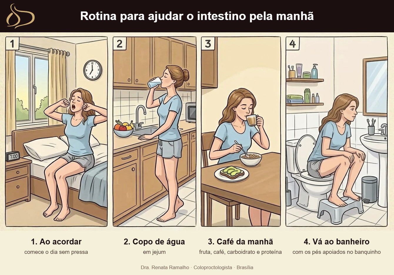 Ilustração da rotina da manhã para ajudar o intestino: ao acordar, beber um copo de água em jejum, tomar o café da manhã e depois ir ao banheiro, sentada com os pés apoiados em um banquinho